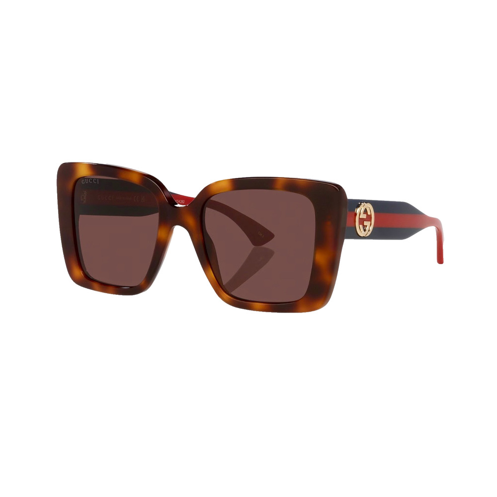 New GUCCI Sunglasses Brown Tortoise Shell Gold Metal GG Web Arms Square Womens